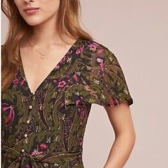 Anthropologie Ett Twa Brenda Jumpsuit Green Gold Floral Flutter Sleeve Size 8 - Picture 2 of 16